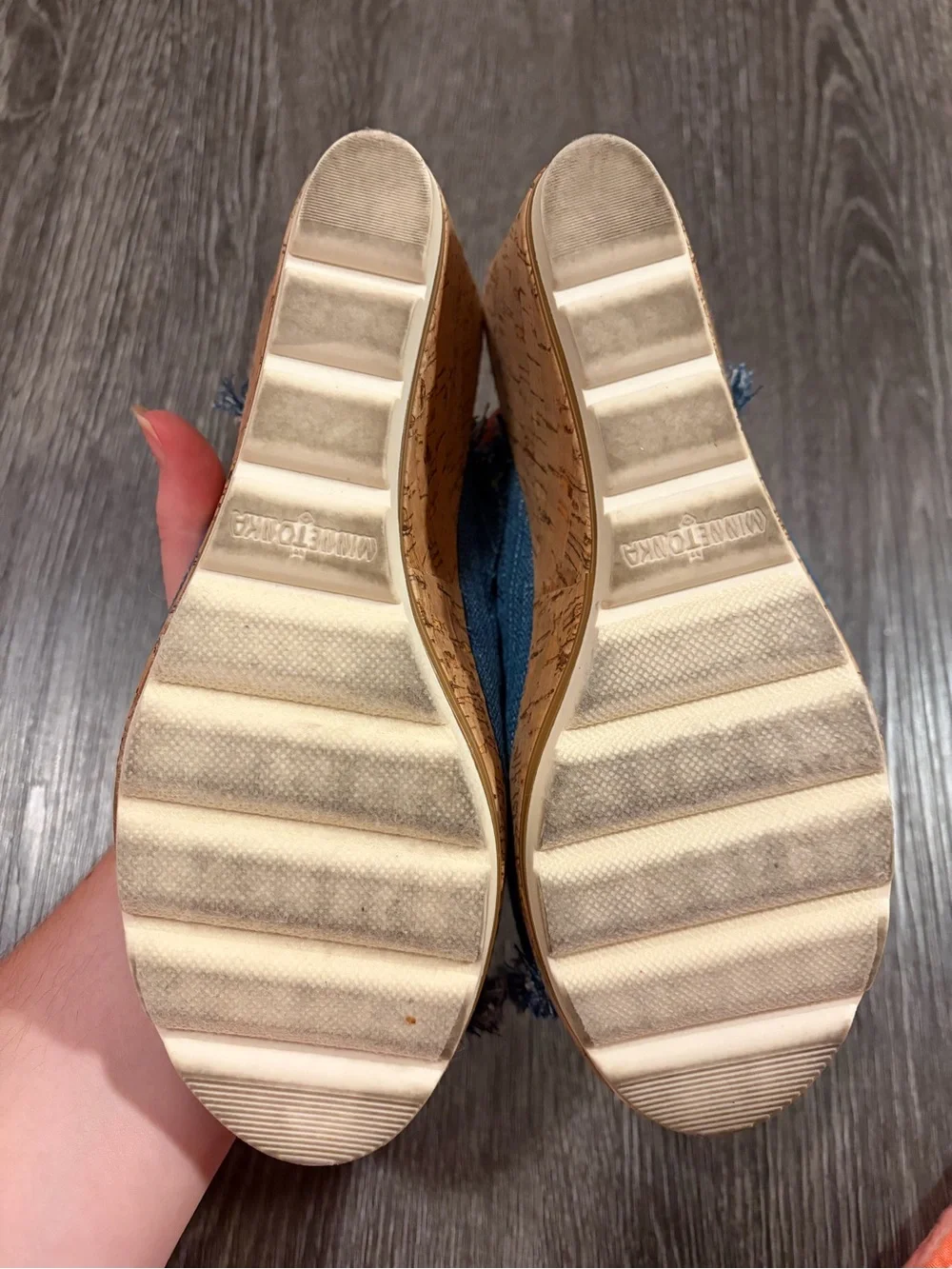 Minnetonka Blue Denim Frayed Cork Wedge Slides